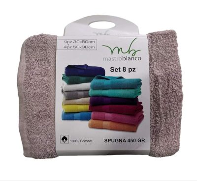 Set di asciugamani 4 grandi e 4 piccole in spugna 100% colori assortiti